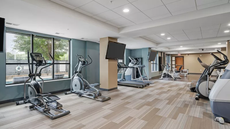 Bright, modern gym with several treadmills, ellipticals, and large windows.