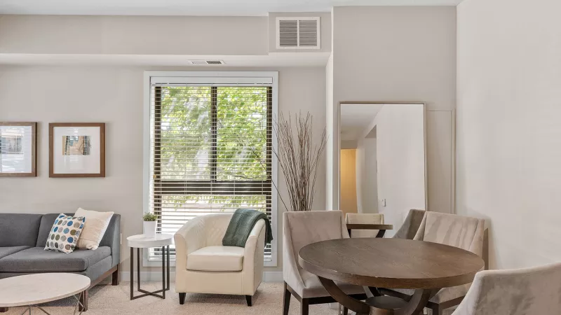 Light-filled living and dining area with a gray sofa, white armchair, and round dining table with chairs.